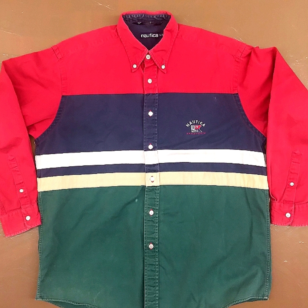 Nautica Men's Red and Green Colorblock Shirt